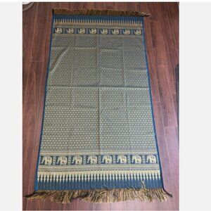 Elephant Blue & Gold Asian Persian Mideast Table Cloth Fringed Runner 70 x 40